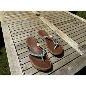 OLUKAI Kahiko Sandal Leather Sandal Women 11 Sea Blue Braided Thong Flip Flop